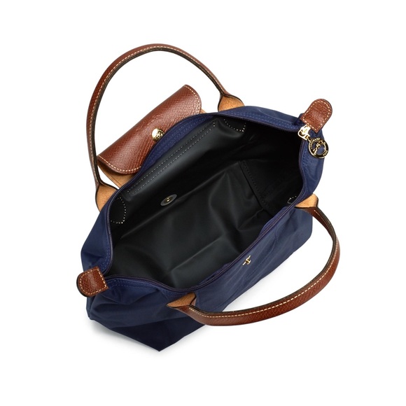 $150 Longchamp Le Pliage Navy Blue Nylon Brown Leather Tote Satchel Bag - Picture 3 of 16